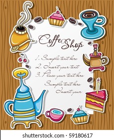 Cute grunge frame with coffee, tea, cake, yerba mate symbols, isolated on wooden background.