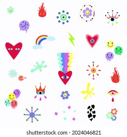 Cute and grungy sticker collection. Vector girly doodles clipart with hearts, eyes, flowers and smiley faces. Trendy abstract doodles .