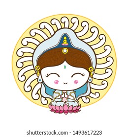 Cute Guanyin goddess of mercy sitting on a lotus surrounded by hands, Chinese goddess vector illustration.