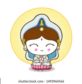 Cute Guanyin goddess of mercy sitting on a lotus, Chinese goddess vector illustration.