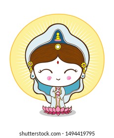 Cute Guanyin goddess of mercy standing on a lotus, Chinese goddess vector illustration.