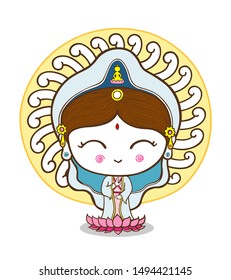 Cute Guanyin goddess of mercy standing on a lotus surrounded by hands, Chinese goddess vector illustration.