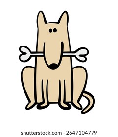 Cão de guarda bonito segue comandos, senta e segura um osso em seus dentes. Ilustração vetorial de um animal de estimação e comida.  O animal amigável está abanando a cauda, vigiando a casa.