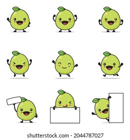 dibujos animados de guayaba lindo, ilustración de vector de fruta, con expresiones faciales felices y diferentes poses, aisladas en un fondo blanco