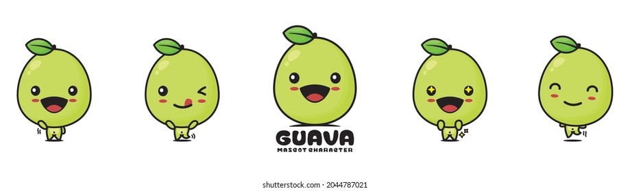 cute guava cartoon mascot, fruit vector illustration, with different facial expressions and poses, isolated on white background