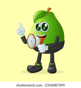 Cute guava character holding a megaphone. Perfect for kids, merchandise and sticker, banner promotion or blog
