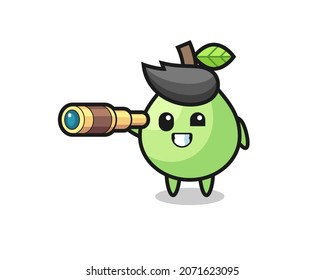cute guava character is holding an old telescope , cute style design for t shirt, sticker, logo element