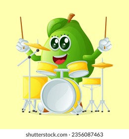 Cute guava character playing drum. Perfect for kids, merchandise and sticker
