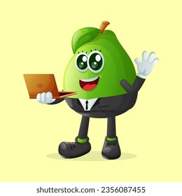 Cute guava character typing on a computer. Perfect for kids, merchandise and sticker, banner promotion or blog
