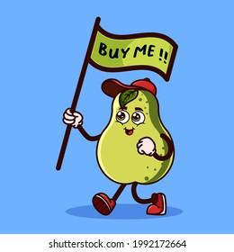 Cute Guava fruit character carrying a flag that says buy me. Fruit character icon concept isolated. Emoji Sticker. flat cartoon style Vector