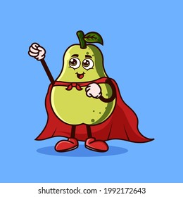 Cute Guava fruit character with Super hero costume and try to fly. Fruit character icon concept isolated. Emoji Sticker. flat cartoon style Vector