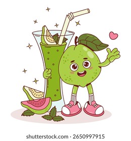 Cute Guava Fruit Groovy Character with Green Drink tropical and Fruit slices, Mint leaves. Cool Funny cartoon retro personage with Summer Refreshing Cocktail smoothie. Vector illustration. Not AI