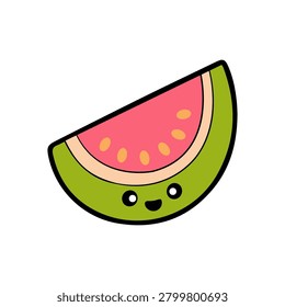 Cute guava fruit mascot logo with decorative vector illustration elements, kawaii style, bold outlines, simple shapes, cheerful cartoon face, vibrant flat colors, and playful leaves and sparkles.