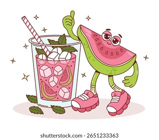Cute Guava Groovy Character with Pink Drink with ice cubes and Mint leaves, tropical fruit slices. Cool Funny retro personage with Summer Refreshing Cocktail smoothie with straw. Vector illustration