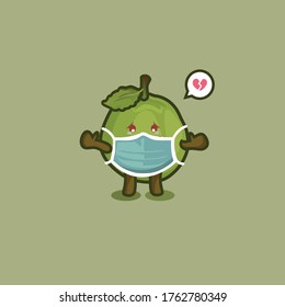 cute guava illustration wearing mask. sick expression 