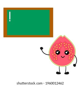 Cute guava slice with green chalkboard illustration with lamp shape. Adorable, kawaii and funny guava character vector for mascot, logo, symbol on application, books, comic, art, doodle