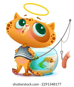 Cute guiltless redhead cat catching goldfish in aquarium isolated on white. Vector cartoon illustration