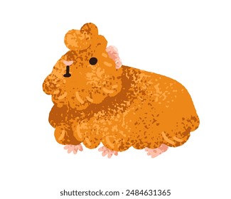 Lindo conejillo de indias. Adorable divertida mascota de roedor esponjoso y difuso. Dulce y adorable pequeño caballo, bebé animal. Hámster cómico kawaii, abrigo peludo y peludo. Ilustración vectorial plana aislada sobre fondo blanco