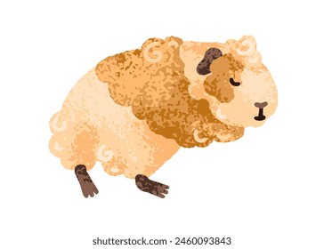 Cute guinea pig asleep, dreaming. Adorable kawaii fluffy cavy animal in quiet repose, sleeping. Funny rodent pet in relaxed pose. Childish flat vector illustration isolated on white background