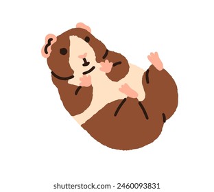 Cute guinea pig. Baby cavy lying belly up. Adorable kawaii fluffy pet with patchy fur. Furry tame rodent in playful pose. Funny appealing animal. Flat vector illustration isolated on white background