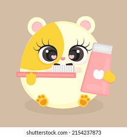 Cute guinea pig brushing his teeth, stylized flat illustration, pet, web, textile print, postcard or packaging, vector illustration.