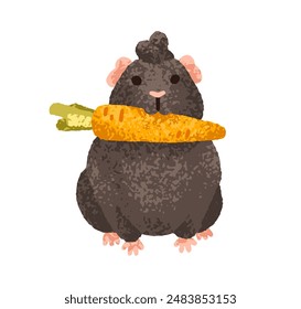 Lindo conejillo de indias con zanahoria en la boca. Divertido kawaii cavy animal alimentación con comida vegetal, comer. Dulce roedor. Mascota de hámster cómico. Ilustración vectorial gráfica plana aislada sobre fondo blanco