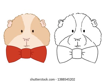 Cute guinea pig cartoon character icon isolated on white. South America fauna wild animal. Vector illustration of funny orange cavy with red bow, animal concept. Animal sketch by free hand.