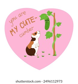 Lindo conejillo de indias y pepino. Tarjeta de felicitación feliz del día de San Valentín. Letras dibujadas a mano: eres mi pepino. Juega con las palabras. Personaje de dibujos animados de animales en el amor.