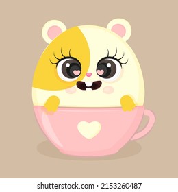 Cute guinea pig in a cup stylized flat illustration, pet, web, textile print, postcard or package, vector illustration.