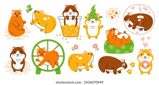 Cute guinea pig domestic pet animal character different everyday leisure activities isolated set. Adorable funny rodent eating, playing, fooling around, sleeping, celebrating party vector illustration