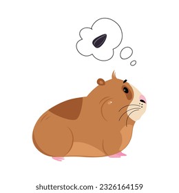 Cute guinea pig dreaming about sunflower seed. Funny brown pet rodent cartoon vector illustration