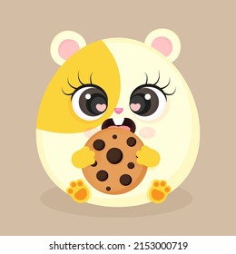 Cute guinea pig eating cookies, flat style stylized pattern, pet, web, textile print, postcard or packaging, vector illustration.