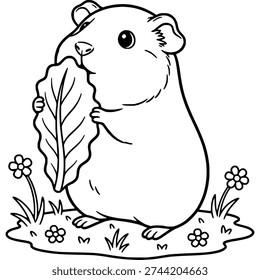 Cute Guinea Pig Eating a Leaf Coloring Page, Vector Line Art for Kids