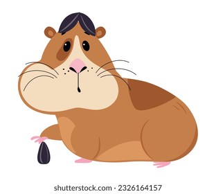 Cute guinea pig eating sunflower seeds. Funny pet rodent cartoon vector illustration