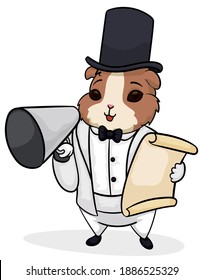 Cute guinea pig with elegant attire: top hat, white tuxedo, megaphone and scroll promoting Blacks and Whites' Carnival in Pasto, Colombia.