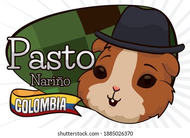 Cute guinea pig head wearing traditional hat and ribbon with Colombian colors over sign with farm views, inviting you to Pasto City (texts written in Spanish).