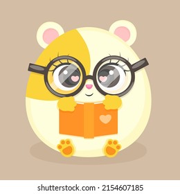 Cute guinea pig reading a book with glasses stylized flat style drawing, pet, web, textile print, postcard or packaging, vector illustration.