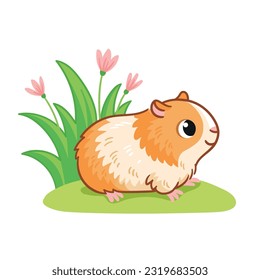 Cute conejillo de indias está sentado en un prado verde. Ilustración vectorial con animal al estilo de las caricaturas.