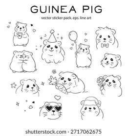Lindo paquete de pegatinas de cerdo de Guinea. Divertidos personajes de Sea Pigs de dibujos animados para App de chat, redes sociales y mensajería. Arte de línea. ilustración de doodle en blanco y negro