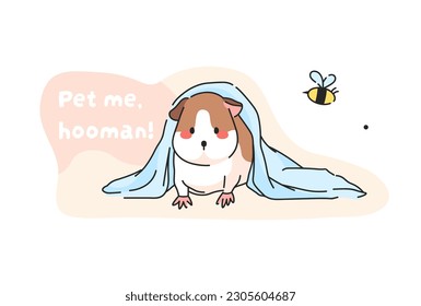 Cute Guinea Pig Vector Isolated Pattern for T-Shirt Print, Background, Decorative Art. Cute Cartoon Animal Illustration with text. Guinea Pig under the blanket and Text - Pet me, human!