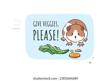 Cute Guinea Pig Vector Isolated Pattern for T-Shirt Print, Background, Decorative Art. Cute Cartoon Animal Illustration with text. Guinea Pig and Text - Give Veggies Please!