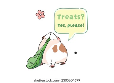 Cute Guinea Pig Vector Isolated Pattern for T-Shirt Print, Background, Decorative Art. Cute Cartoon Animal Illustration with text. Guinea Pig eats Green Lettuce and Text - Treats? Yes, Please!