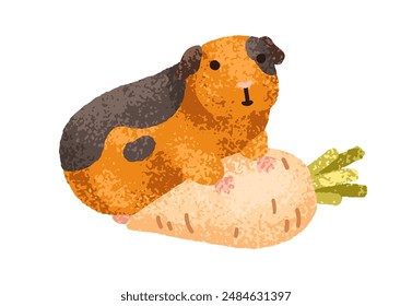 Lindo conejillo de indias con comida vegetal. Divertido kawaii cavy animal alimentación, comer. Pequeño roedor adorable. Adorable mascota de hámster cómico. Ilustración vectorial gráfica plana aislada sobre fondo blanco