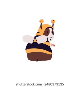 Cute guinea pig wearing funny costume of bee. Cavy with shocked muzzle turns, look back. Adorable pet dressed in clothes. Amusing domestic animal. Flat isolated vector illustration on white background