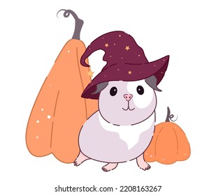 Cute guinea pig in a witch hat with pumpkins. Beautiful illustration for Halloween.