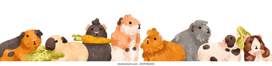 Lindo borde de conejillos de indias. Cavidades divertidas, pancarta larga. Adorables mascotas de roedores, animales kawaii, fondo horizontal con decoración de borde. Ilustración vectorial plana aislada sobre fondo blanco