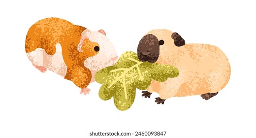 Lindos conejillos de indias. Pareja divertida comiendo hojas juntos. Adorable alimentación de pequeños roedores. Encantadoras y Pequeñas mascotas. Pareja de animales de bebé kawaii esponjosos. Vector plano aislado sobre fondo blanco