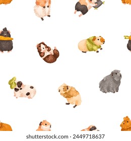 Cute guinea pigs, seamless pattern. Funny adorable cavies, endless background design for fabric print, textile, wrapping. Kawaii baby animals, rodent pets, repeating texture. Flat vector illustration