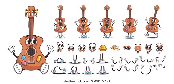 Cute Guitar Retro Cartoon Character Showcased In Different Poses And Facial Expressions, Including Accessory Options