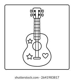 Cute Guitar with Stars and Heart Coloring Page – Simple Line Art for Kids